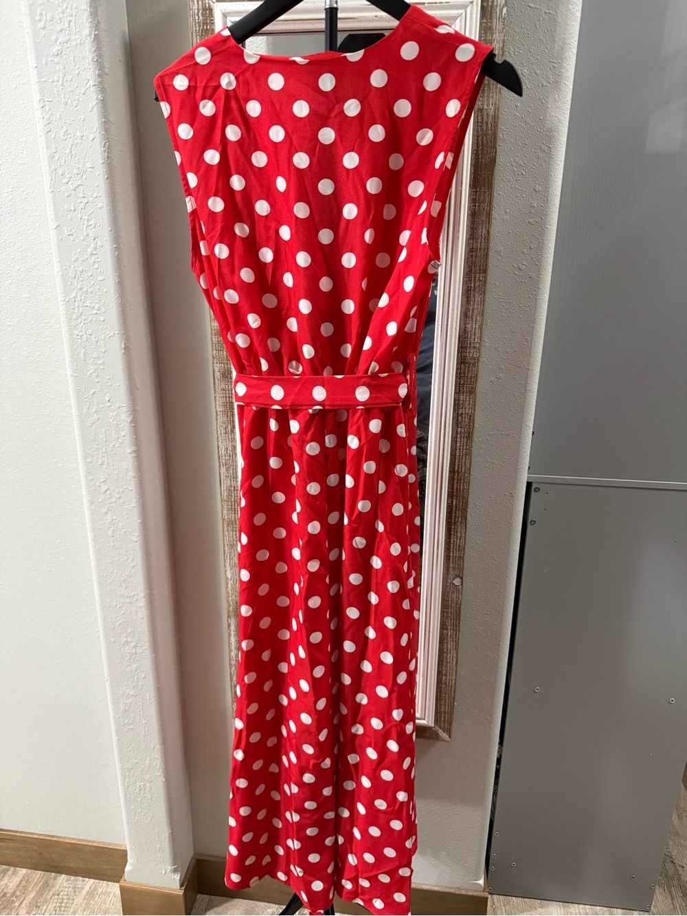 Red Polka Dot Sleeveless Maxi Dress with Tie Waist - Picture 2 of 4